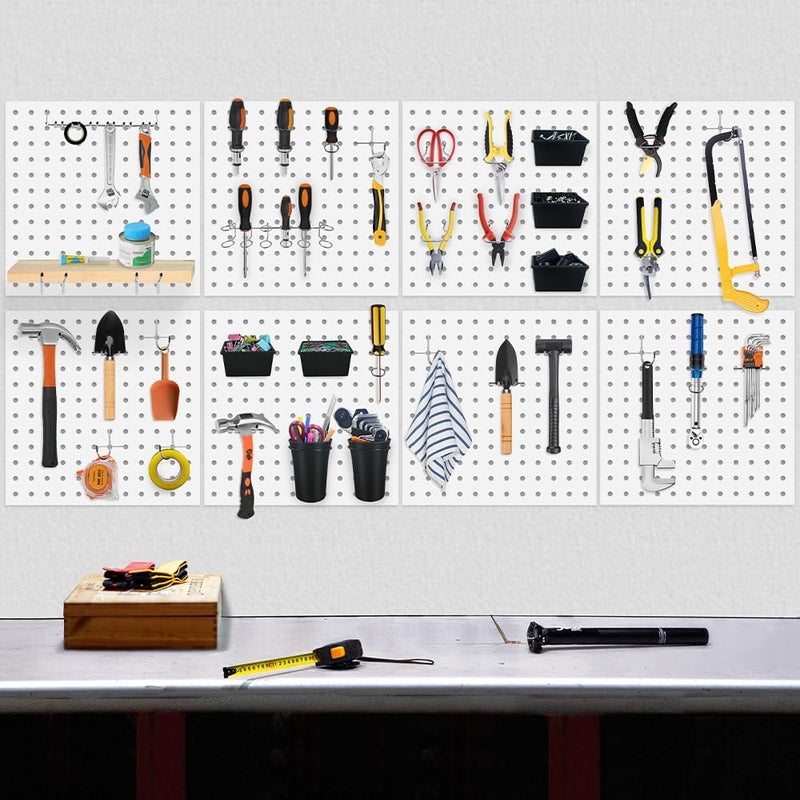 Dobures 8PCS White Metal Pegboard Organizer Set, Heavy Duty Steel Wall Panel for Tool Storage in Garage, Workshop, Office, Kitchen and Craft Room - Image 2